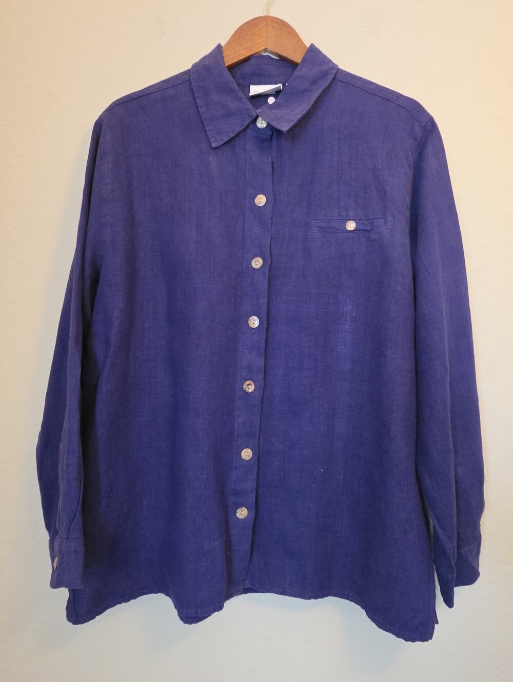 Chicos Design Linen Shirt Womens 2 Purple Button Down Quiet Luxury Lagenlook